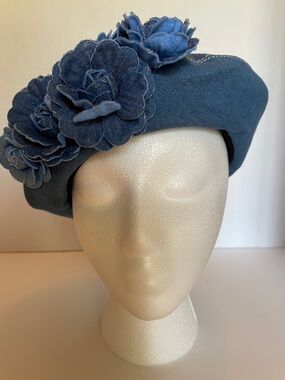 Denim Beret Hat Women Flower Details  Casual  One Size Adjustable Strap
